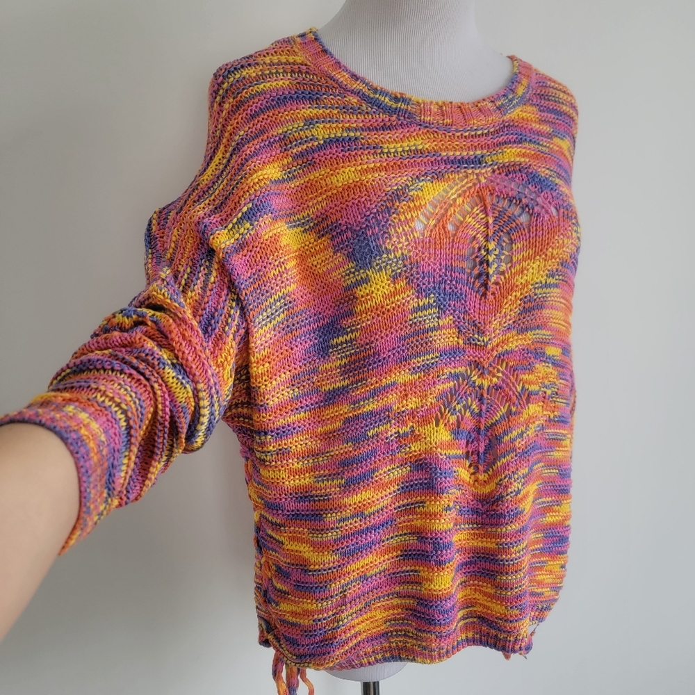 Urban Mangoz Top Blouse Lightweight Colorful Relaxed Knit Long Sleeve Hippie SzM